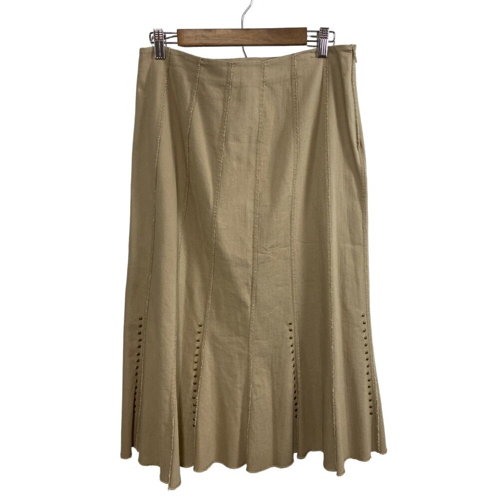 Reba Panel Skirt Boho Stretch Western Serged Raw Edge Studded Tan Womens SZ 10